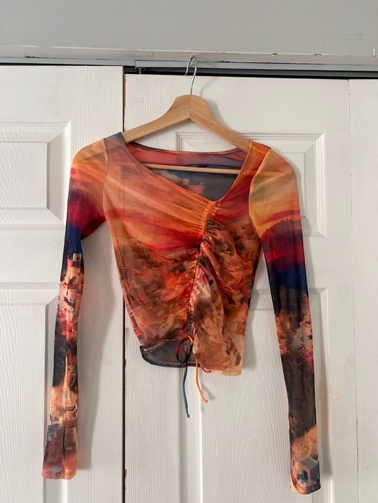 Urban Outfitters Tops - Urban Outfitters Sunset Ruched Sheer Long Sleeve Top - Orange, Red, Blue